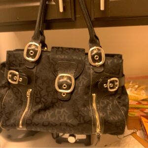 DKNY Black and Silver Shoulder Bag with Monogram Print